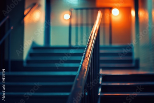 A dimly lit staircase with a handrail in the foreground. photo