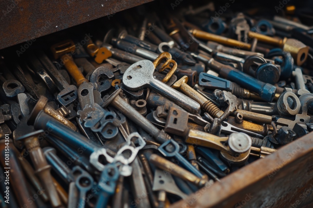 Fototapeta premium A drawer full of old keys and other metal objects.