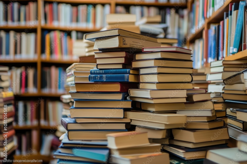 A large stack of books in a library with bookshelves in the background. A large stack of books in a library with bookshelves in the background.