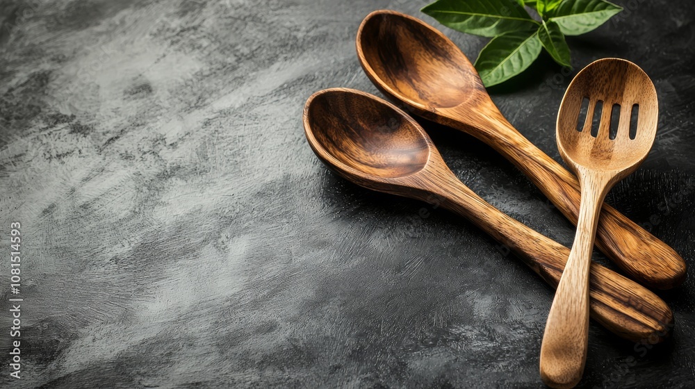 Set of wooden kitchen utensils on dark textured background