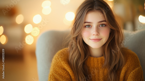 young woman with long hair smiles warmly, wearing cozy sweater. Soft bokeh lights create warm atmosphere