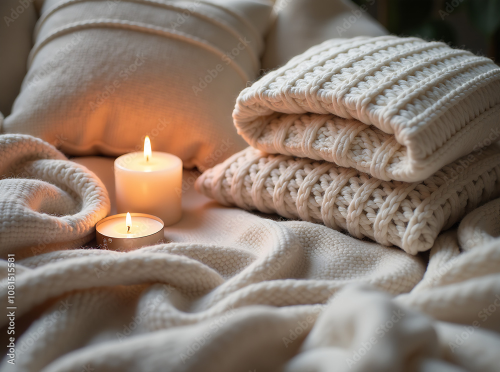 A cozy flatlay of soft, knitted blankets and pillows in neutral tones, with lit candles creating a warm and relaxing ambiance, perfect for a hygge-inspired lifestyle A cozy flatlay of soft, knitted blankets and pillows in neutral tones, with lit candles creating a warm and relaxing ambiance, perfect for a hygge-inspired lifestyle