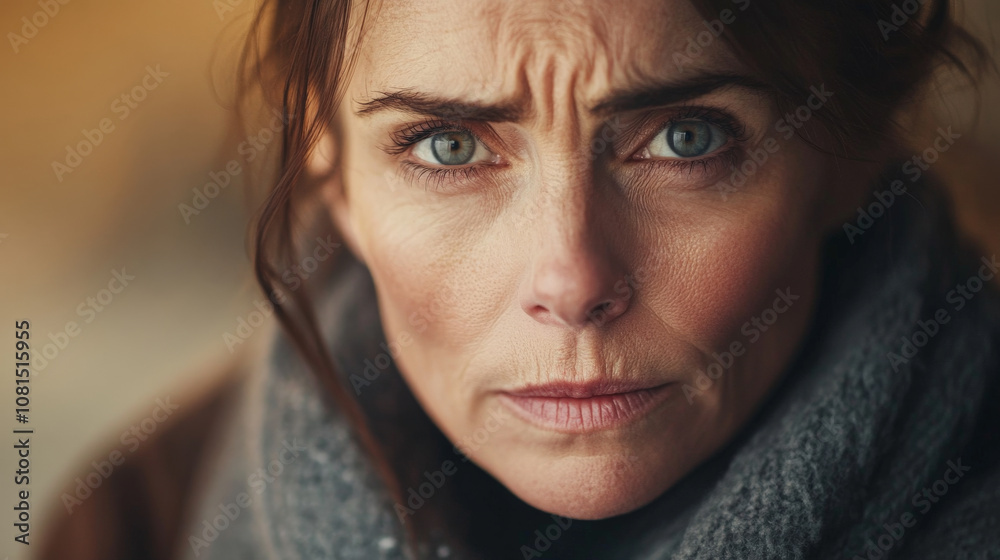 Fototapeta premium Intense close up of woman tear streaked face, showing exhaustion and emotion. Her furrowed brow and piercing eyes convey deep feelings of struggle and resilience