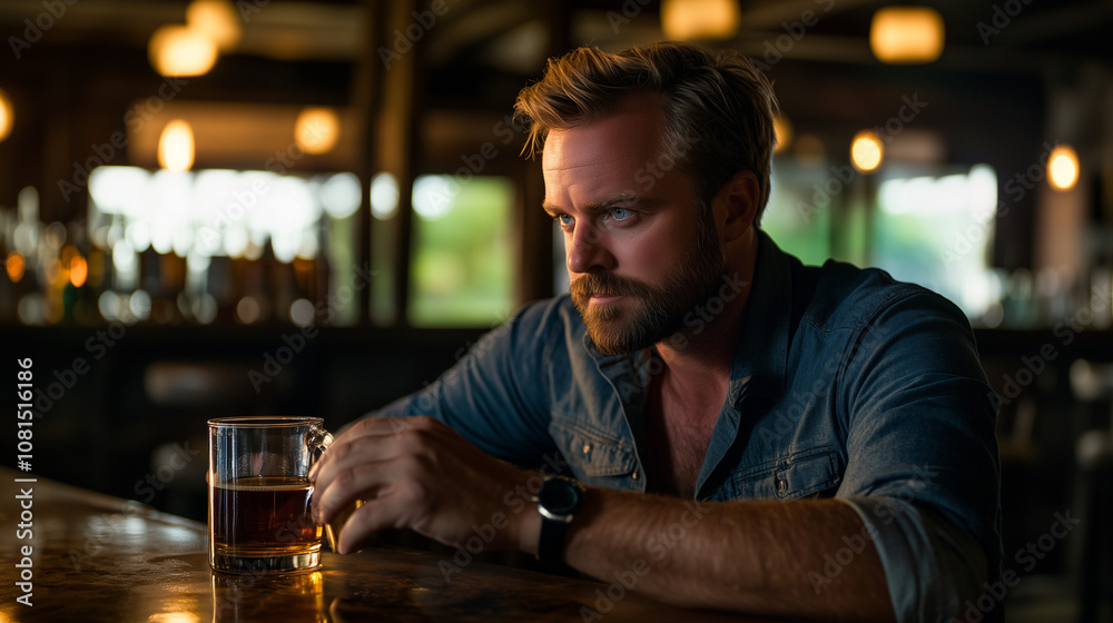 A Man Sitting Alone at a Dimly Lit Bar, Holding a Glass of Whiskey with a Thoughtful Expression. Emphasizing His Solitude and Reflective Mood in the Intimate Atmosphere of the Bar A Man Sitting Alone at a Dimly Lit Bar, Holding a Glass of Whiskey with a Thoughtful Expression. Emphasizing His Solitude and Reflective Mood in the Intimate Atmosphere of the Bar