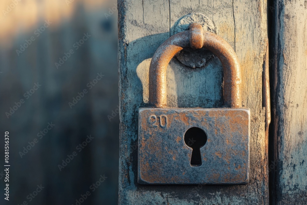 A rusty padlock on a wooden gate. A rusty padlock on a wooden gate.