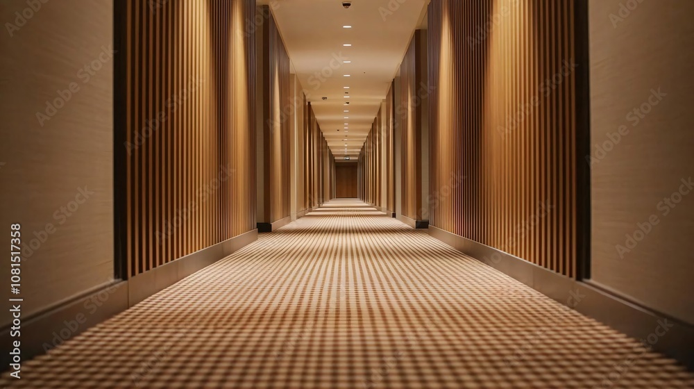 Fototapeta premium A modern hotel corridor with warm lighting and patterned carpet, creating a welcoming atmosphere for guests.