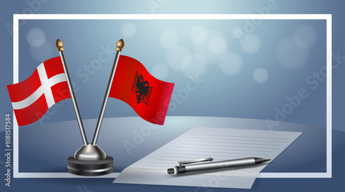 Denmark and Albania Small national flag on bokeh background, cooperative relationship