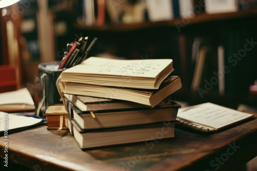 A stack of books and pens sit on a wooden desk. photo