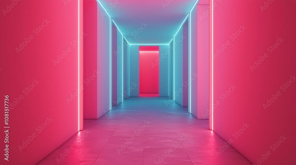 A vibrant neon corridor with pink and blue lighting creating an immersive atmosphere in a modern space. A vibrant neon corridor with pink and blue lighting creating an immersive atmosphere in a modern space.
