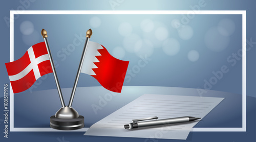 Denmark and Bahrain Small national flag on bokeh background, cooperative relationship