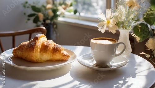 Wallpaper Mural Freshly Brewed Coffee and a Slice of Butter Croissant Served on a Sunlit Breakfast Table, Captured in a Bright and Airy Cafe Setting with Minimalist Decor Torontodigital.ca