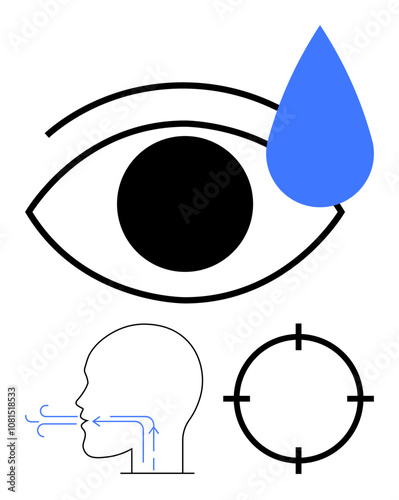 Eye with tear drop, head with breathing arrows, targeting crosshair. Ideal for mental health, stress relief, focus, meditation, wellness emotional health mindfulness. Line metaphor