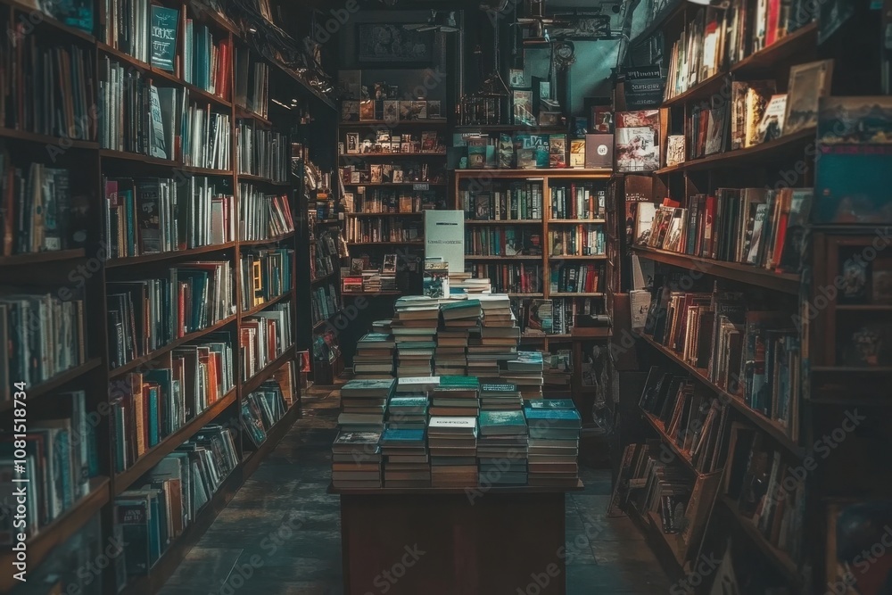 A well-stocked bookstore with rows of bookshelves filled with books. A well-stocked bookstore with rows of bookshelves filled with books.