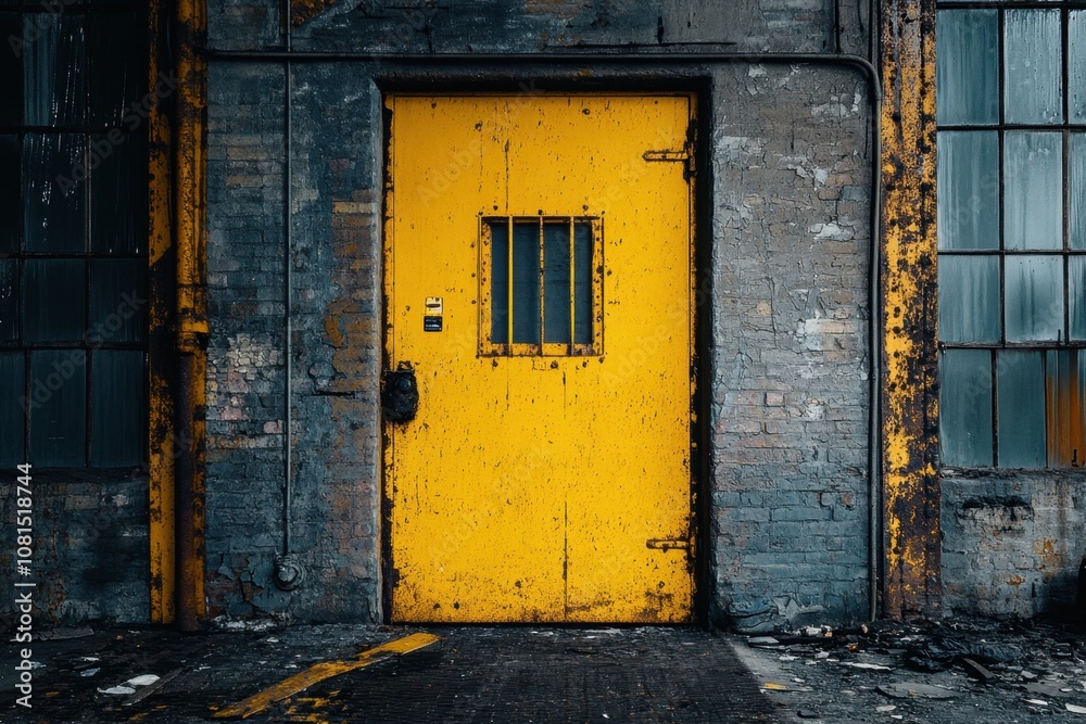 A weathered yellow door with a single window pane in an industrial setting. A weathered yellow door with a single window pane in an industrial setting.