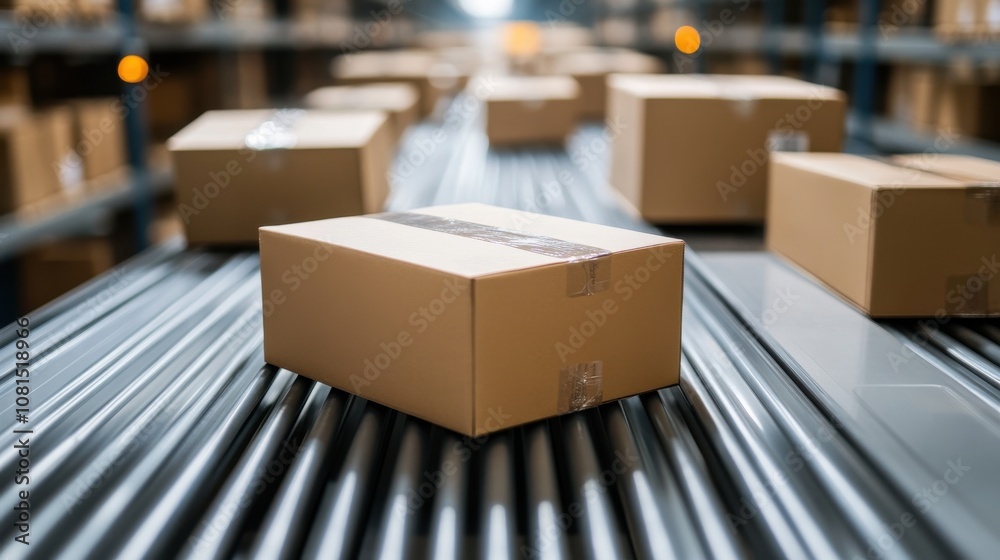 A row of boxes on a conveyor belt A row of boxes on a conveyor belt