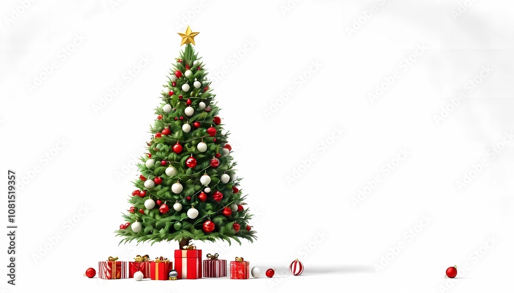 3D illustration wallpaper of a Christmas tree and decorations on a white background. 3D illustration wallpaper of a Christmas tree and decorations on a white background.