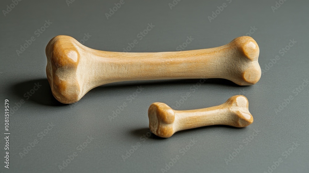 Two wooden dog bone toys of different sizes on grey surface Two wooden dog bone toys of different sizes on grey surface