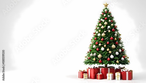 3D illustration wallpaper of a Christmas tree and decorations on a white background.