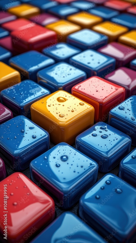 Colorful, glossy tiles with water droplets creating a vibrant texture. Colorful, glossy tiles with water droplets creating a vibrant texture.