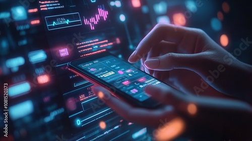 Capturing the essence of programming through an Arab programmer's fingers as they scroll code on a smartphone with an Arabic user interface reflecting the intersection of technology and culture