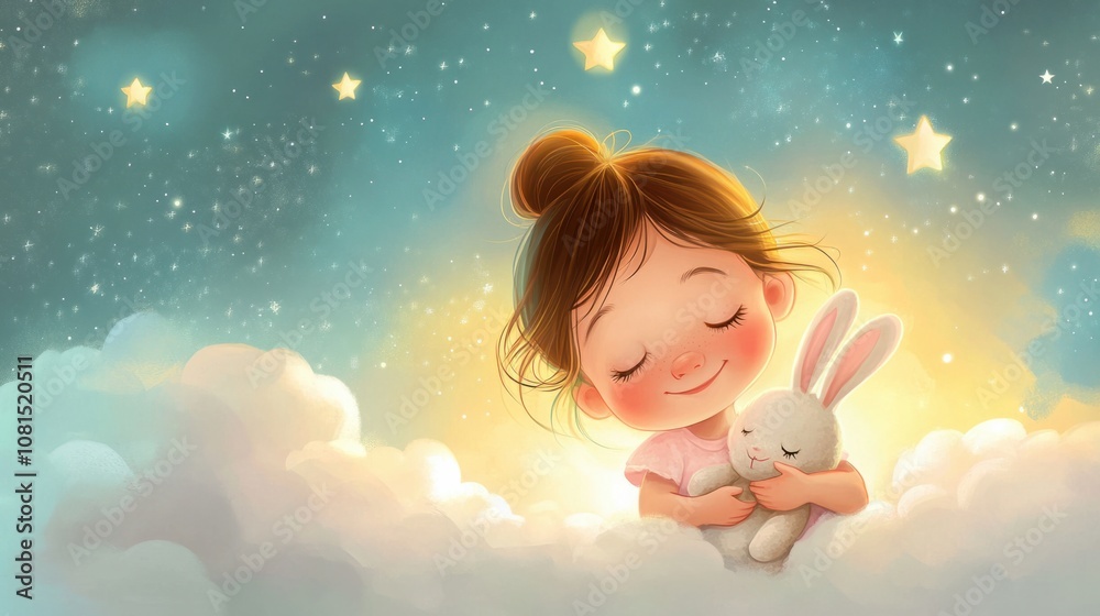 Cartoon baby girl holding a stuffed bunny, with soft clouds and stars around her Cartoon baby girl holding a stuffed bunny, with soft clouds and stars around her