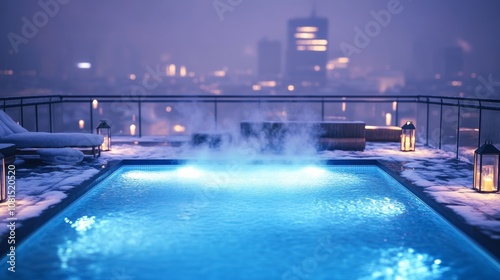 Rooftop Heated Pool with Snowy City Skyline