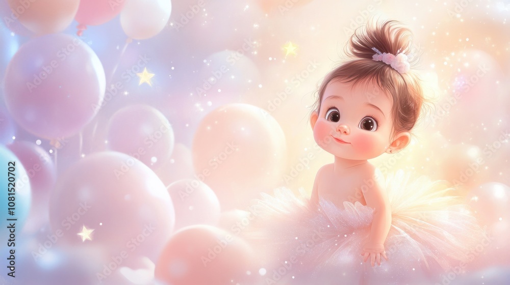 Cartoon baby girl in a tutu, with a background of pastel balloons and stars Cartoon baby girl in a tutu, with a background of pastel balloons and stars