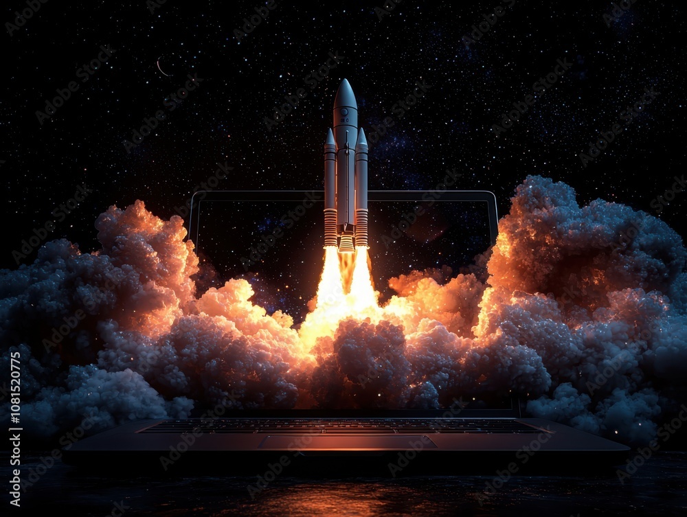 Obraz premium Explore the fusion of technology and imagination with a digital art rocket launch from a laptop screen