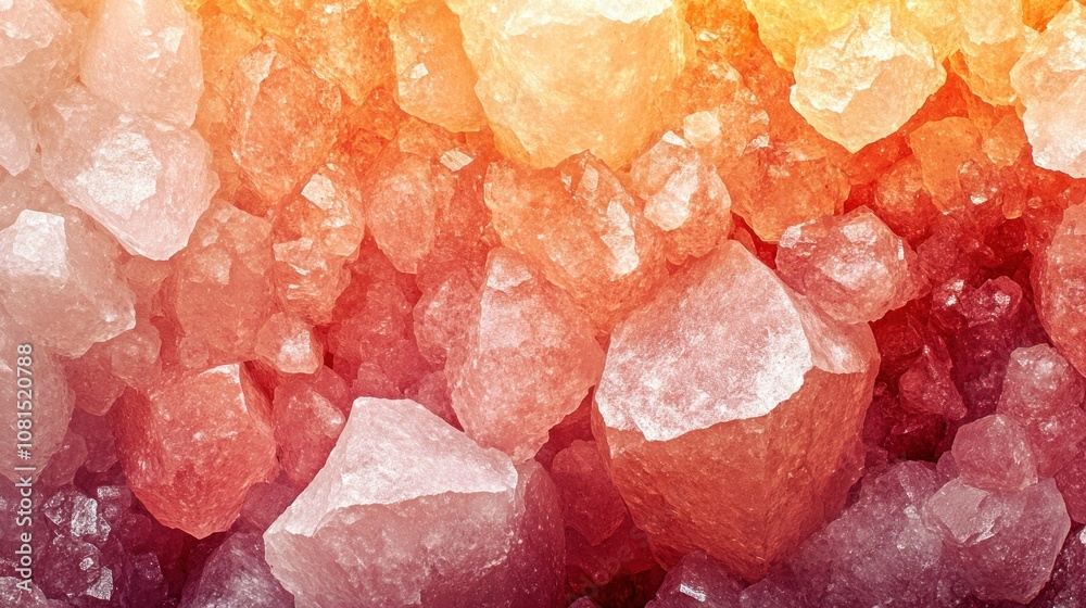 Close-up of pink Himalayan salt crystals with a gradient of color from pink to orange. Close-up of pink Himalayan salt crystals with a gradient of color from pink to orange.
