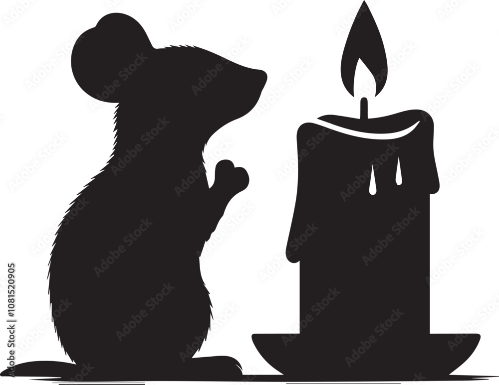 Silhouette of a mouse sitting by a candle looking thoughtful Silhouette of a mouse sitting by a candle looking thoughtful