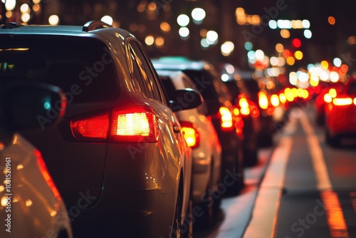 Cars in traffic at night with blurred city lights in the background.
