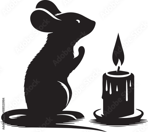 Silhouette of a mouse sitting by a candle looking thoughtful