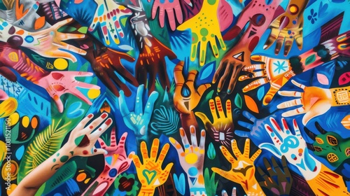 Wallpaper Mural A striking image of a diverse array of hands painting a large mural with different cultural symbols, creating a vibrant and inclusive artwork Torontodigital.ca