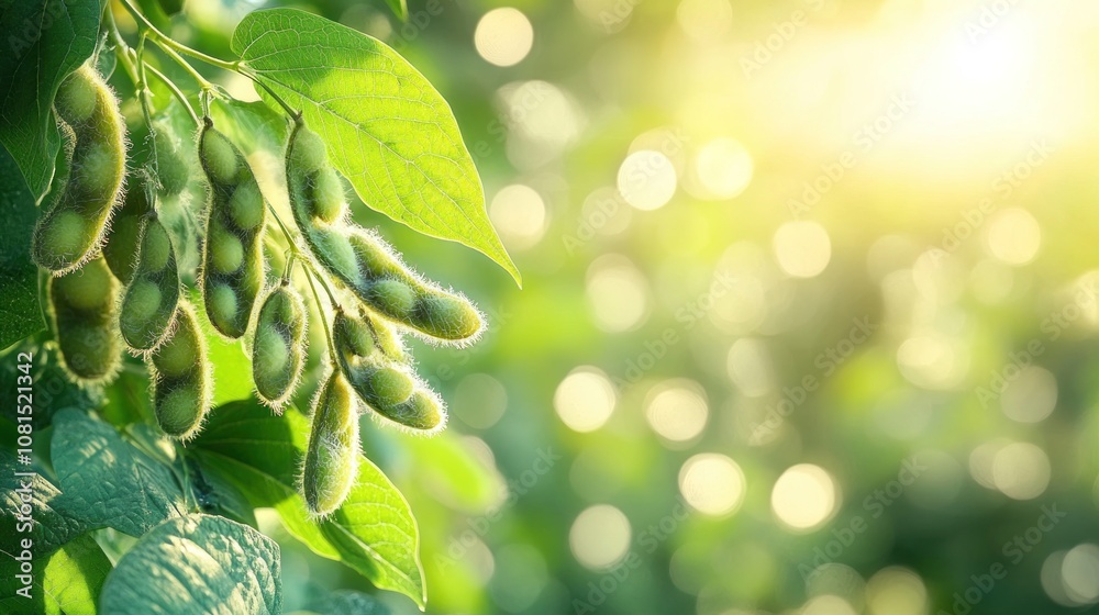 Close-up of soybean pods on a plant with sunlight in the background. Close-up of soybean pods on a plant with sunlight in the background.