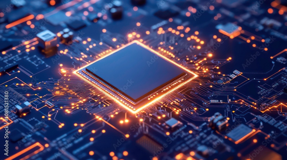 A close-up view of a central processing unit (CPU) chip on a motherboard, glowing with orange light.