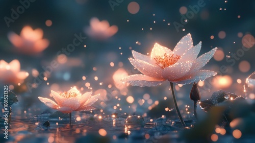 Glowing water lilies with dew drops in a mystical, tranquil setting.