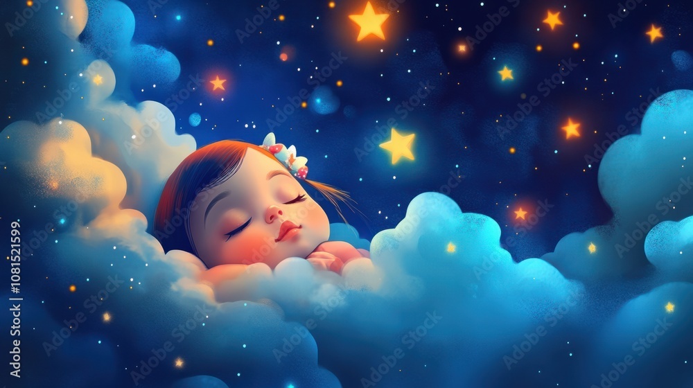Cartoon baby girl with big eyes, sleeping peacefully, with stars and clouds in the background Cartoon baby girl with big eyes, sleeping peacefully, with stars and clouds in the background
