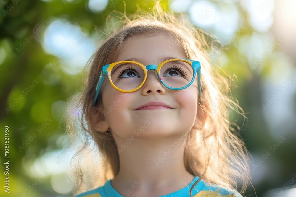 A young girl wearing playful colorful eyeglasses in a sunny park, representing childhood joy, vision care, and outdoor fun A young girl wearing playful colorful eyeglasses in a sunny park, representing childhood joy, vision care, and outdoor fun