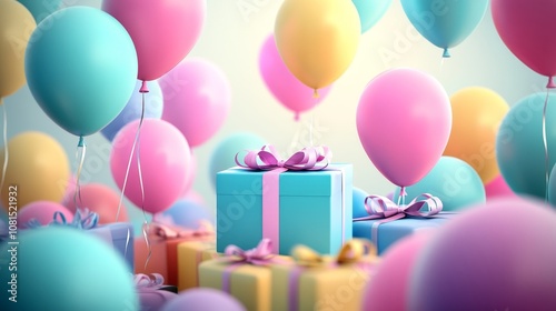 A charming birthday background filled with pastel-colored balloons and beautifully wrapped gifts, creating a joyful atmosphere with a spacious blank center for personalized messages or greetings.