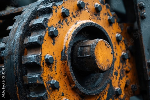 Close-up of a large, industrial gear with a worn, yellow paint job.