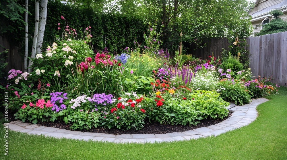 Obraz premium vibrant flower bed with variety of colors and textures, showcasing blooming plants in beautifully landscaped garden. lush greenery enhances cheerful atmosphere