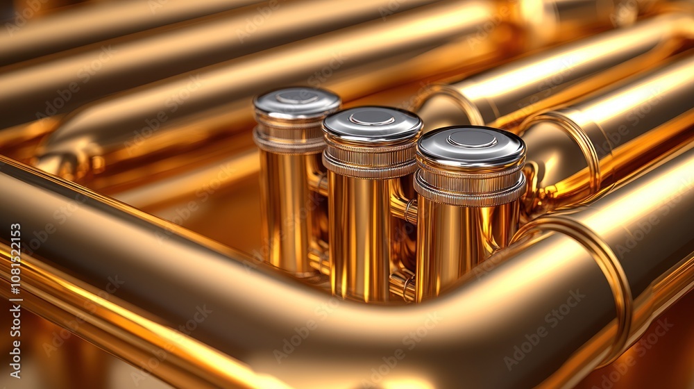 Naklejka premium Closeup of valves on a golden trombone.