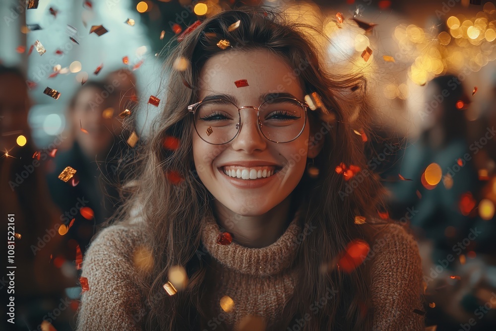 Celebrate team spirit happy colleagues enjoying festive office ambiance with confetti and bokeh effects Celebrate team spirit happy colleagues enjoying festive office ambiance with confetti and bokeh effects