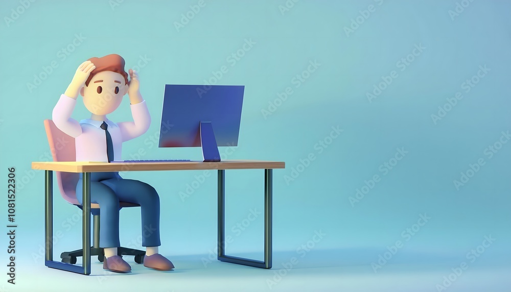 burnout at the desk. Lonely employee at desk, stressed and fatigued, 3D illustration. burnout at the desk. Lonely employee at desk, stressed and fatigued, 3D illustration.