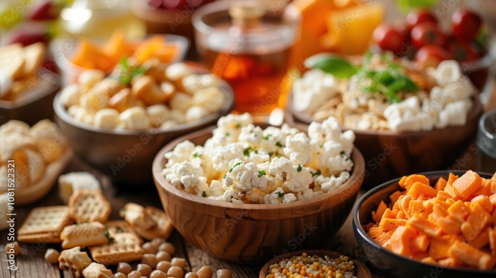 Bowls of popcorn, crackers, and other snacks on a wooden table. Bowls of popcorn, crackers, and other snacks on a wooden table.