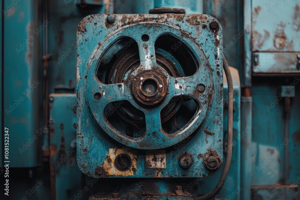Close-up of a rusty, blue, industrial machine's gear with a faded yellow label. Close-up of a rusty, blue, industrial machine's gear with a faded yellow label.