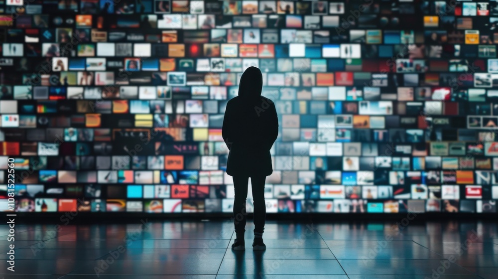 custom made wallpaper toronto digitalA striking image of a lone person standing before a vast wall of advertisements, representing the overwhelming influence of consumerism and media saturation, Symbolizing the pressure of materialism