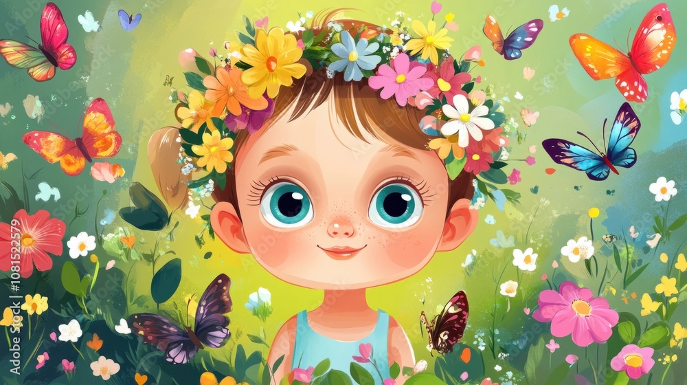 Cute cartoon baby girl in a flower crown, surrounded by colorful butterflies and flowers Cute cartoon baby girl in a flower crown, surrounded by colorful butterflies and flowers