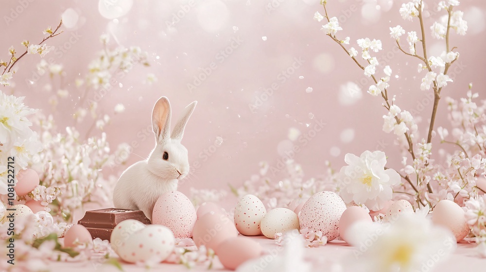 Whimsical Easter scene on soft pink backdrop. Pastel-hued eggs nestled among delicate spring blooms, juxtaposed with a decadent chocolate bunny. Dreamy, diffused lighting enhances the seasonal magic, Whimsical Easter scene on soft pink backdrop. Pastel-hued eggs nestled among delicate spring blooms, juxtaposed with a decadent chocolate bunny. Dreamy, diffused lighting enhances the seasonal magic,