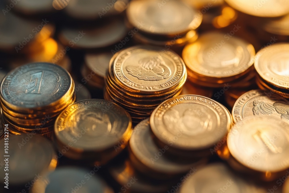 Close-up of a stack of shiny gold coins with others scattered around. Close-up of a stack of shiny gold coins with others scattered around.